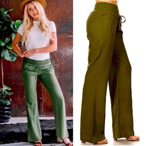 Via Jay Green Linen Blend Elastic, Tied Waist, 4-Pockets, Wide Leg Pants, Medium